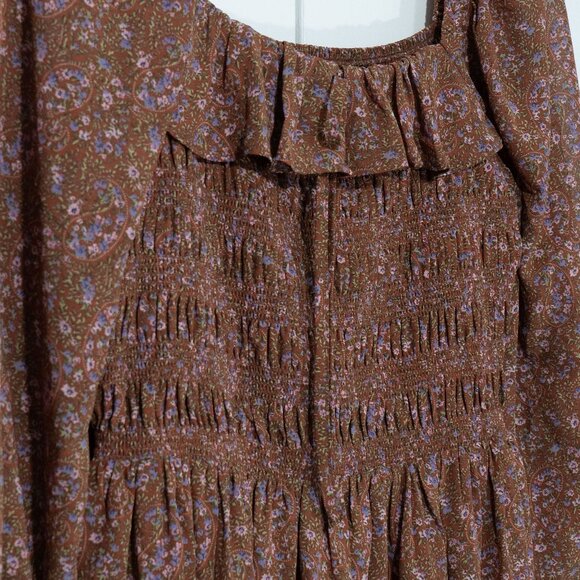 Code x Mode Peasant Dress Milk Maid Liberty Floral Hippie 70s Brown Autumn Maxi - Picture 14 of 15